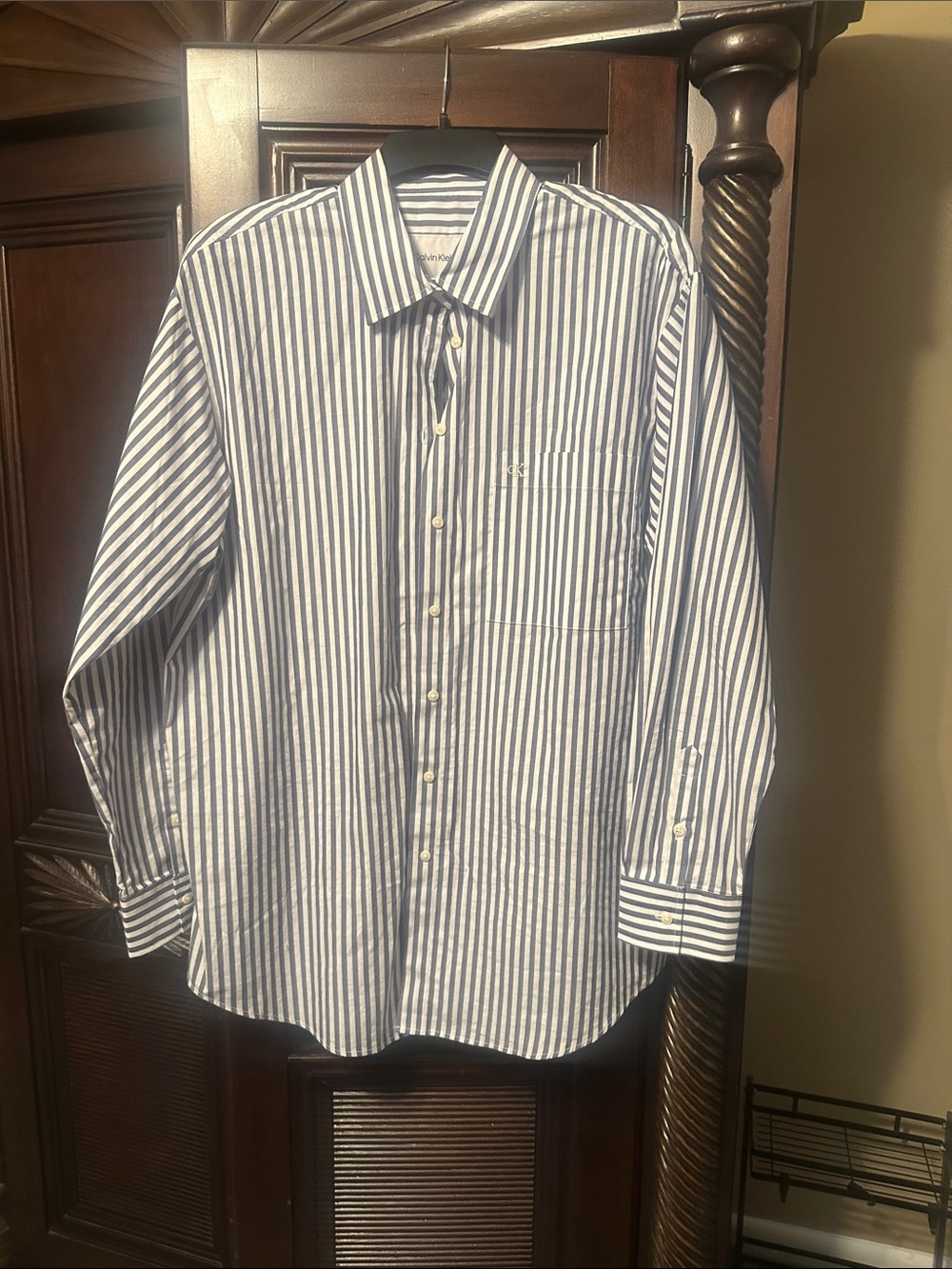 Calvin Klein Blue and White Vertical Stripe Dress Shirt